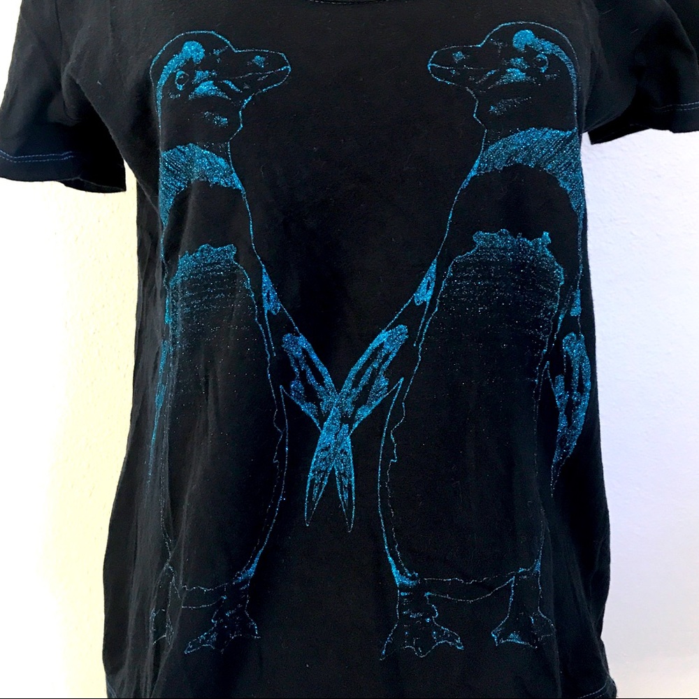 Penguins Couple Blue Glitter on Black Tee
